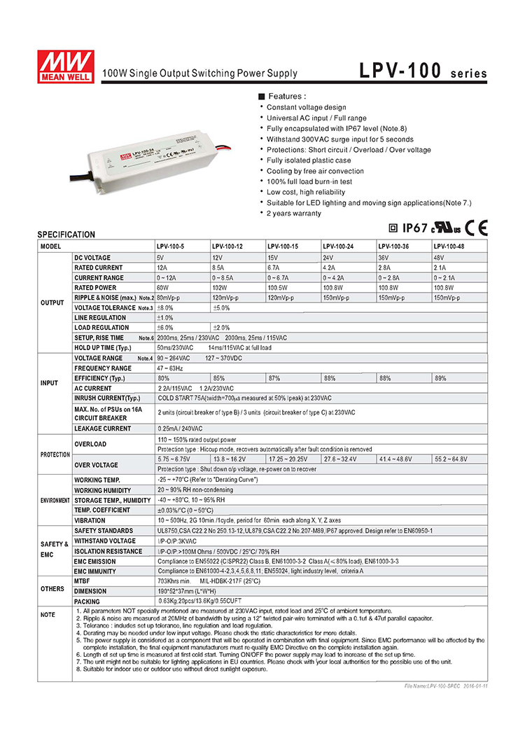 Meanwell waterproof 5v 12v 24v 100w led power supply